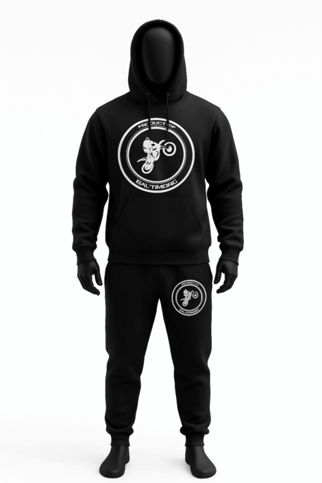 Product of Baltimore Sweatsuit with White Dirtbike Logo