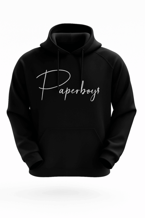 Black Paperboy Hoodie with White Cursive Logo