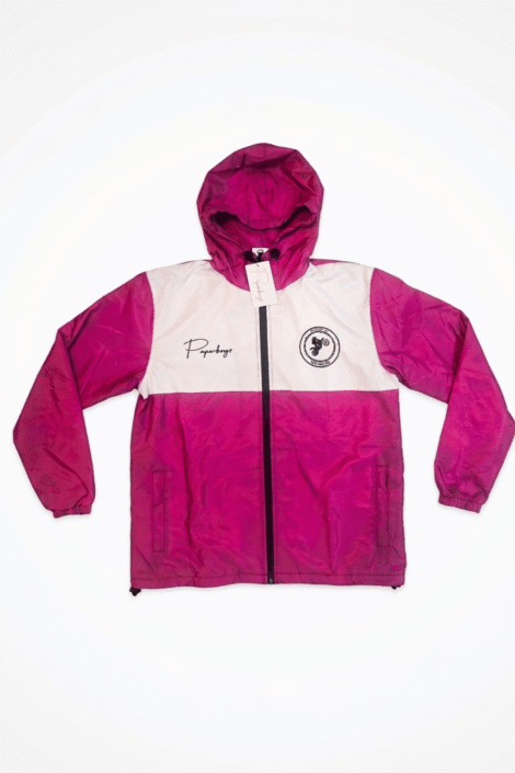 Plum color windbreaker jacket with cursive paperboy$ and dirtbike logo