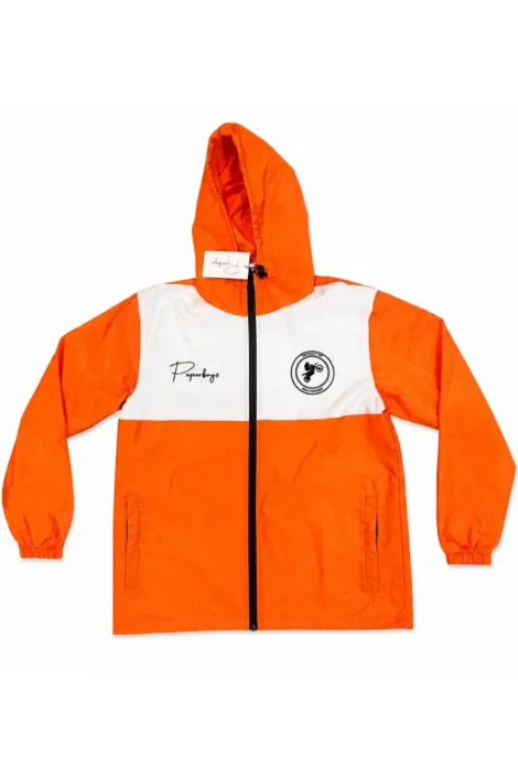 Orange and white windbreaker jacket with cursive paperboy$ and dirtbike logo