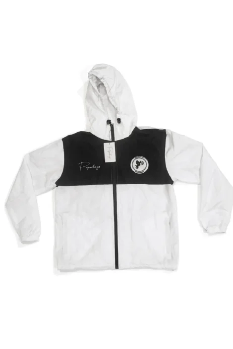 White and Paperboy$ windbreaker with cursive paperboy$ logo and dirtbike logo