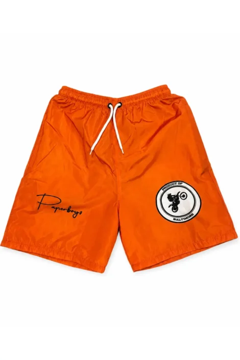 Orange white windbreaker shorts with cursive paperboy$ and dirtbike logo